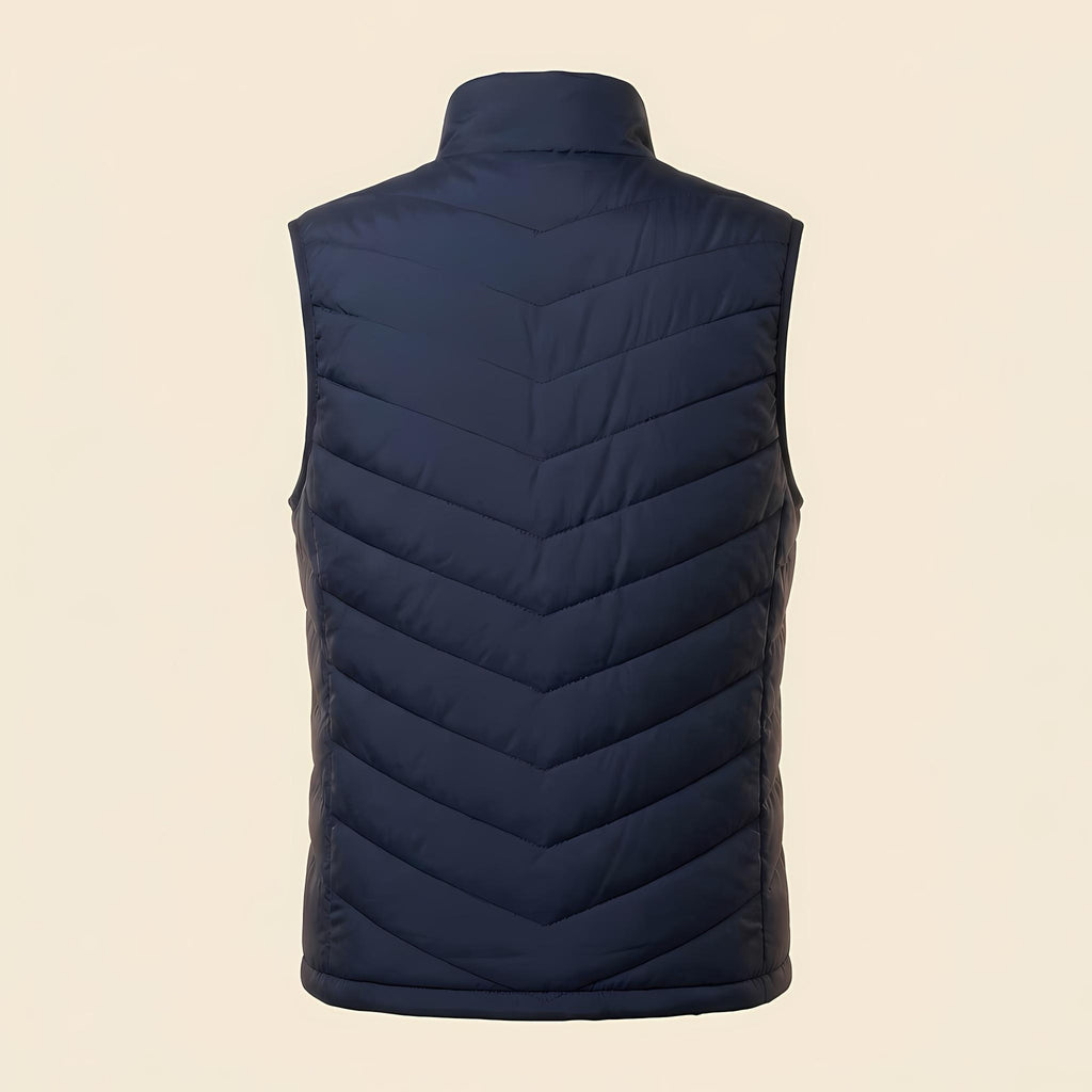 OXYZ Heated Vest in navy, back view showing heat panels