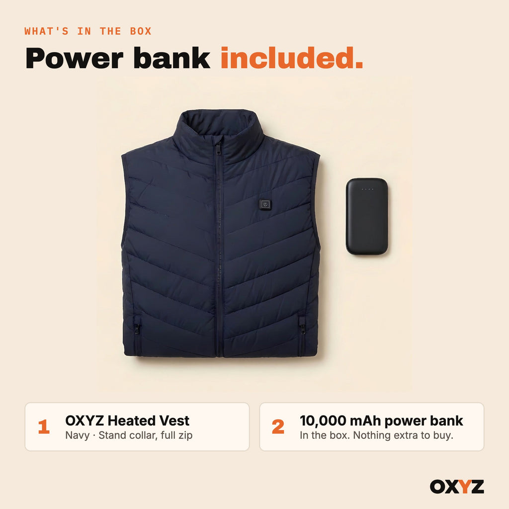 In the box: OXYZ Heated Vest and 10,000 mAh power bank