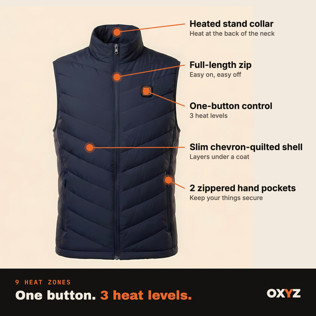 OXYZ Heated Vest features: heated collar, full zip, one-button control, quilted shell, 2 zippered pockets