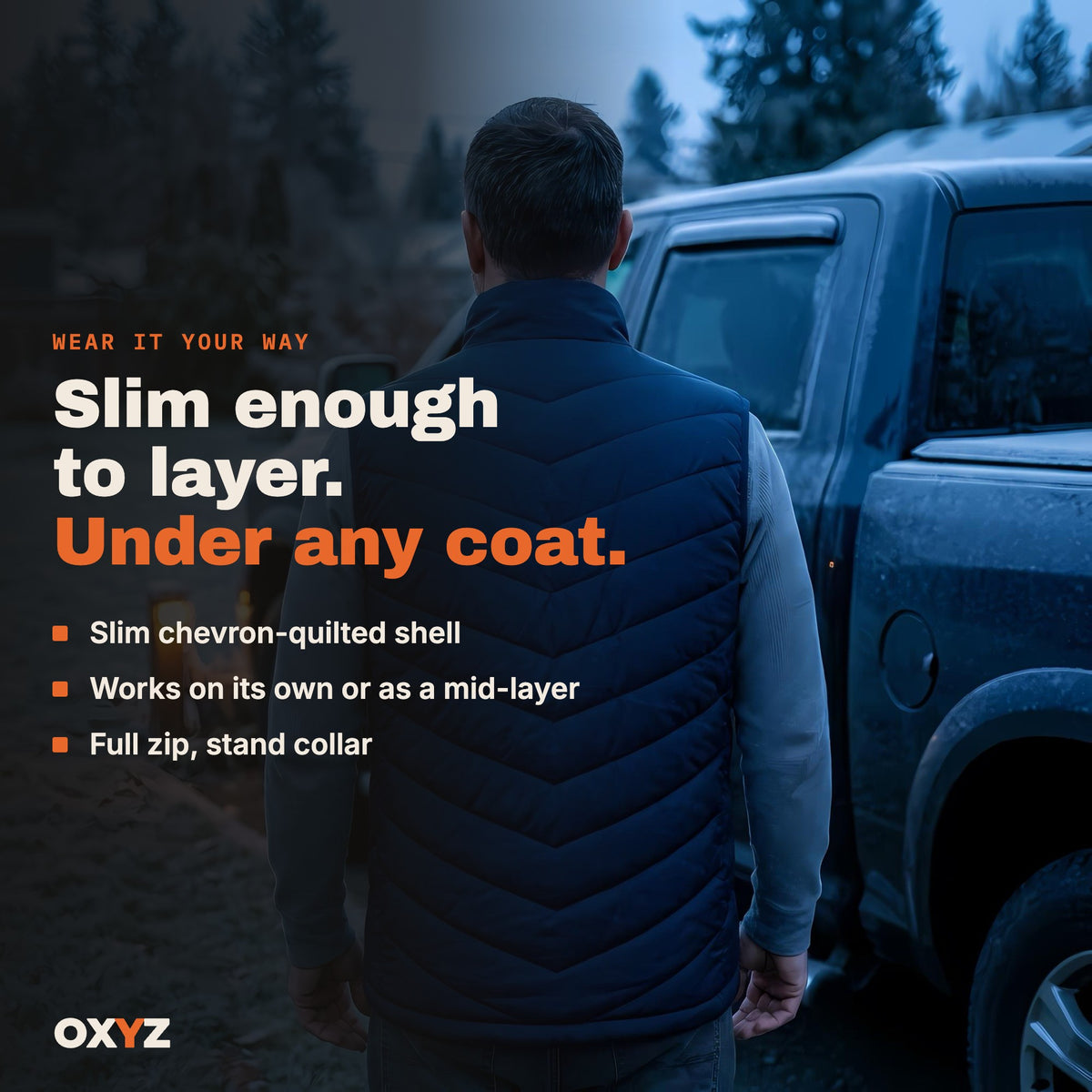 Slim heated vest that layers under a coat